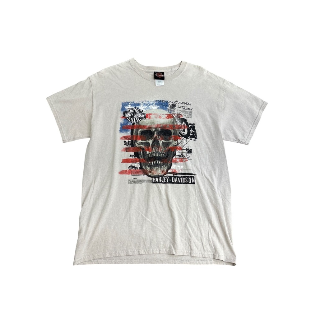 Harley-Davidson Iron Valley PA Skull Flag Graphic T-Shirt Tan Mens Large